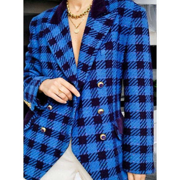 VTG Escada by Margaretha Ley Blue Checked Flecked Wool Double Breasted Blazer 10 - Picture 1 of 14